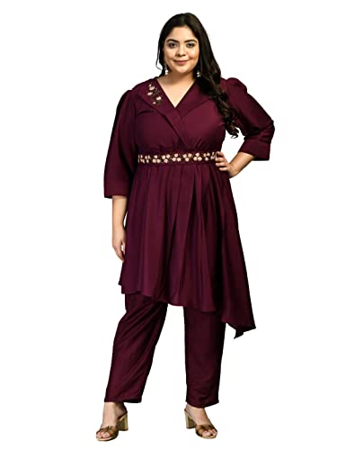PrettyPlus by Desinoor.com Embroidered Beads and Stones Kurta Pant and Dupatta Set For Girls & Womens |Kurta Trousers set |Cotton Silk Fabric| Teal