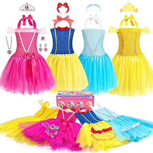 Princess Dresses for Girls Dress up Clothes Trunk, BIBUTY Pretend Play Costumes with 4 Sets of Girls Dresses, Princess Crown and Accessories, Costumes Toys Gifts for 3-6 yr Toddler Little Girls