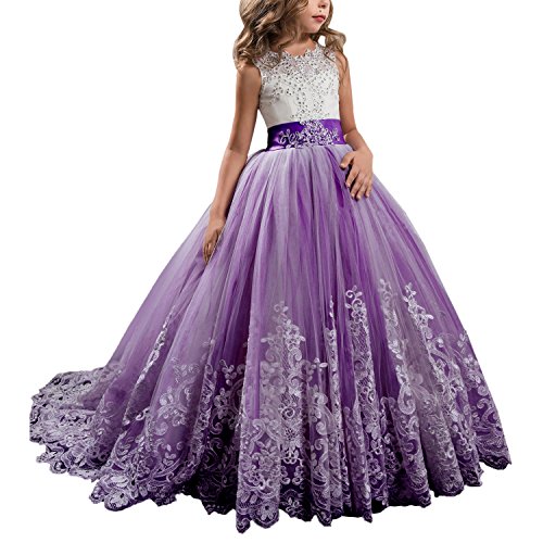Princess Plum Purple Long Girls Pageant Dresses Kids Prom Puffy Tulle Ball Gown US 10