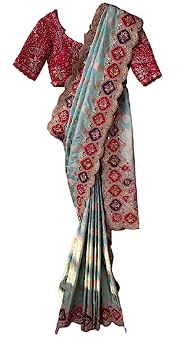 RANGOLI ART Saree For Womens And Girls Jacquard Golden Zari Weaving Work Saree With Sequence Embroidery work Blue color