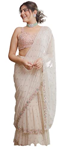 RANGOLI ART Womens And Girls Georgette Fabric Saree With Thread Embroidery And Real Mirror Work Ruffel White Saree