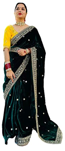 RANGOLI ART Womens And Girls Heavy velvet Fabric With Embroidery zari Thread and sequence work lace border With Belt Green color saree