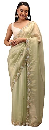 RANGOLI ART Womens And Girls Viscose Organza Silk Fabric Saree With handcrafted work all over saree With Beautiful Butta And White silk blouse (Mint Green)