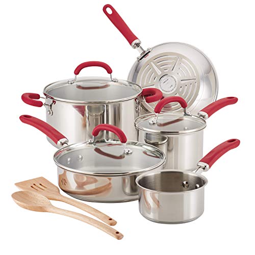 Rachael Ray Stainless Steel Cookware Pots and Pans Set with Handles, Silver, Red
