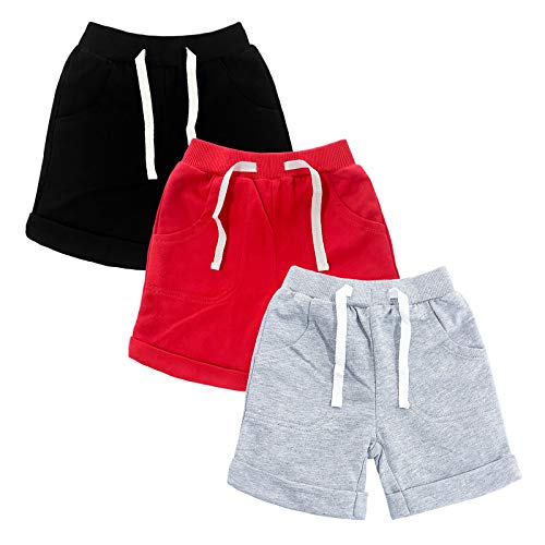 SOBOWO Baby Boys Girls Sport Shorts Summer 3-Pack Solid Cotton Jogger Active Shorts Casual Harem Pants 0-24 Months (12-18 Months, Black/Red/Gray)