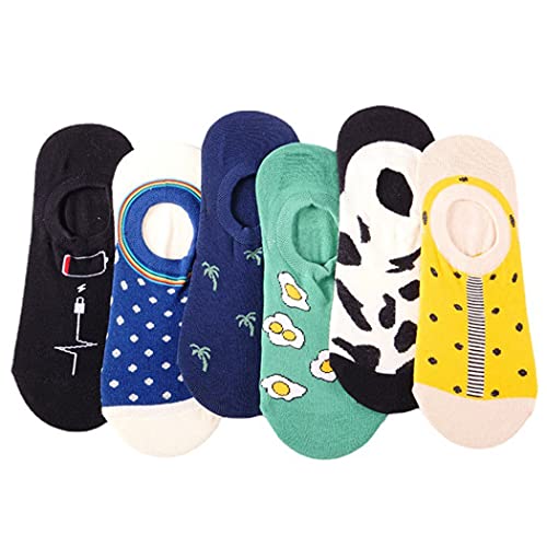 SOWUNO Low Cut Socks Nonslip 6 Pairs Cotton Printed Fashion Thin Unisex Ankle Socks Short Socks Patterned Summer Ankle Soft Thin Hiking Ladies Cotton