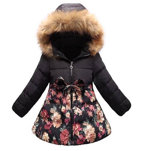 SS&CC Girls' Long Flower Printing Bowknot Winter Hooded Down Jacket, Colorful, 5-6 Years