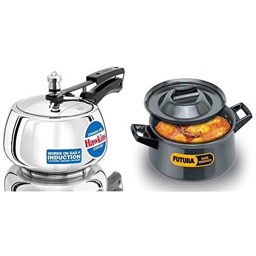 STH Hawkins Stainless Steel CONTURA Pressure Cooker 3 litres & Hawkins Futura Hard Anodised Handi Sauce Pan, 3 litres, Black Combo