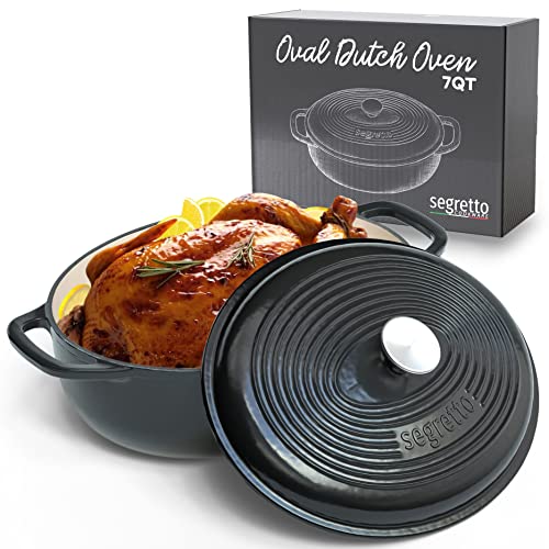 Segretto Cookware Enameled Cast Iron Oval Dutch Oven, 7 Quarts, Black