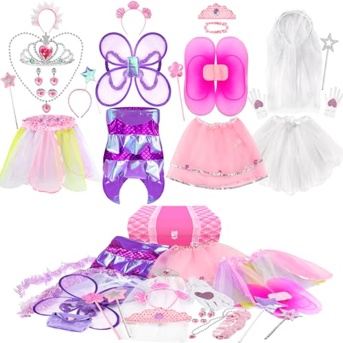 Sinuo Girl Dress Up Set Princess, Fairy and Mermaid Role Play Costumes Christmas Party Dress-up Trunk with Accessories 25pcs Girls Pretend Costume for Kids Age from 2-5