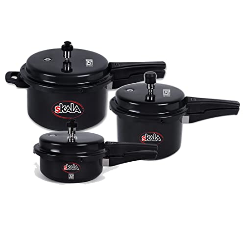 Skala Nonstick Combo Pack Outer Lid 5 ltr Pressure Cooker + 3 Litre Junior Pressure Pan+ 2 Litres Sub-Junior Pressure Pan | Hard Anodised Aluminium (Non-Induction Base) Gas Stovetop Compatible, Black