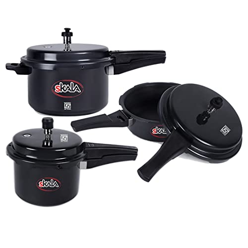 Skala Pack of 5 ltr Pressure Cooker + 3 ltr Junior Pressure Pan + 2 ltr Pressure Cooker | Hard Anodized Combo (Non - Induction Base) | Gas stove compatible | Non-Toxic | Black | cookware gift set |