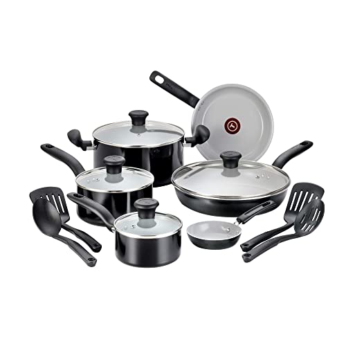 T-fal C996SE Initiatives Nonstick Ceramic Coating PTFE PFOA and Cadmium Free Scratch Resistant Dishwasher Safe Oven Safe Cookware Set, 14-Piece, Black