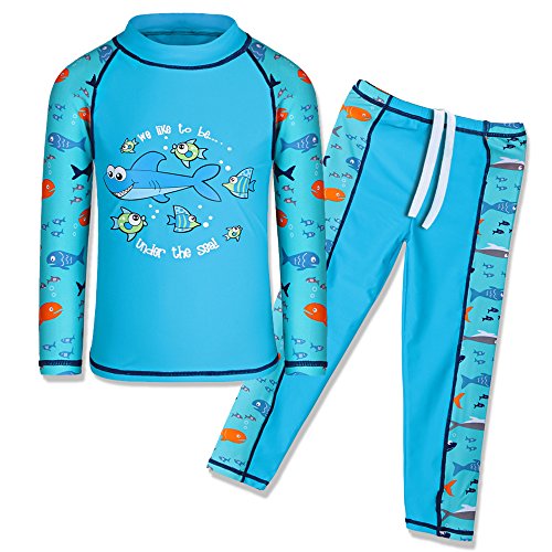 TFJH E Kids Boys Swimsuit UPF 50+ UV Sun Protective 2PCS Fish Swimwear, Blue Long, 4-5T