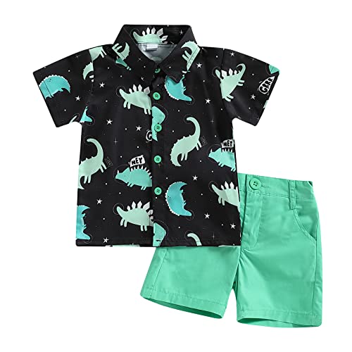 Toddler Baby Boy Clothes Shorts Set Dinosaur Print Shirt Short Sleeve Button Down Top Solid Shorts Summer Outfit, Dinosaur Print Green, 2-3 Years
