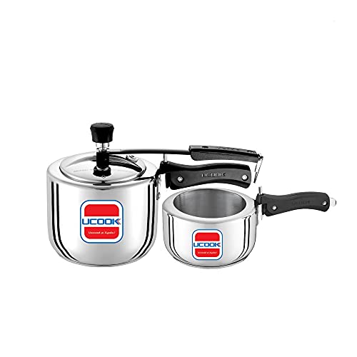 UCOOK Stainless Steel Sandwich Bottom Pressure Cooker (2 Cooker Bodies with Common Lid), 3L and 2L, Silver