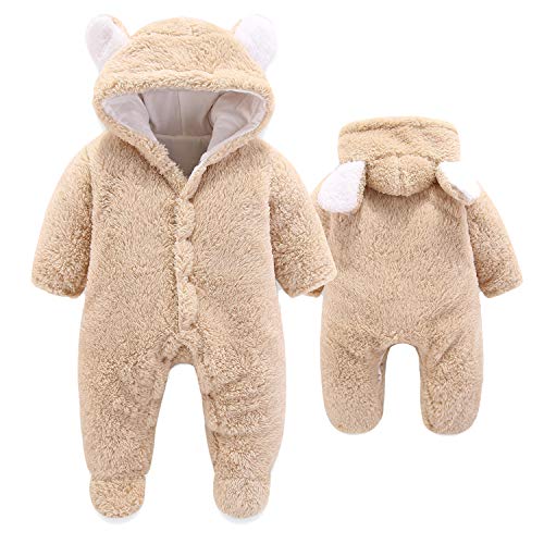 VNVNE Newborn Baby Cartoon Bear Snowsuit Warm Fleece Hooded Romper Jumpsuit (0-3 M, Brown)