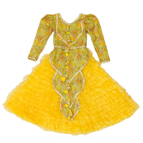 Vastrakriti by swati Girl's Cotton Casual Regular Stylish Lightweight Printed Silk Kurti With Ruffle Layered Lehenga - Yellow (1yr - 2yr)