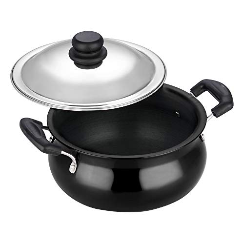 Vinod Black Pearl Hard Anodised Non Stick Handi with Lid - 3 Litre, Junior | 3.25mm Thickness | Biryani Pot | Metal Spoon Friendly | 2 Year Warranty | Toxin Free - Black