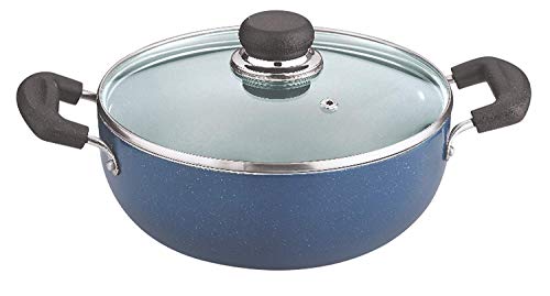 Vinod Cookware (24 cm,3.1 Litre Non Stick Deep Kadai (Blue) with Glass Lid