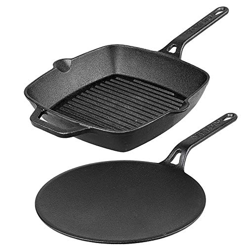 Vinod Legacy Pre Seasoned Cast Iron Combo Set of 2-26cm Roti Tawa and 24cm Grill Pan | Naturally Non Stick Loha Tawa, Grill Pan | 100% Pure | Toxin Free | Rust Proof | Gas Base