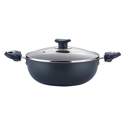 Vinod Marbilo Aluminium Black Non-Stick Deep Kadai with Glass Lid- 24 cm, 3.1 L (Induction Friendly)