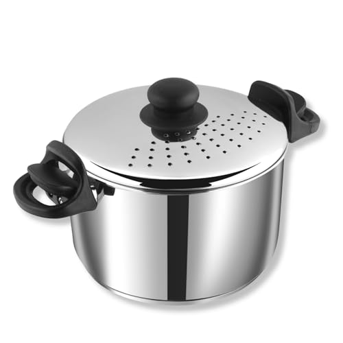 Vinod Stainless Steel Pasta/Noodle Pot with Strainer Lid, Sturdy Lockable Virgin Bakelite Handles, 2 Year Warranty, Silver 6.8 litres