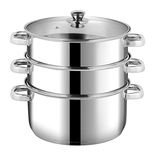 Vinod Stainless Steel Steamer 3 Tier with Glass Lid 24 cm | 2.5 mm Thick Base | Multi Purpose Momos, Modak Maker Steamer | Induction and Gas Base | 2 Year Warranty - Silver