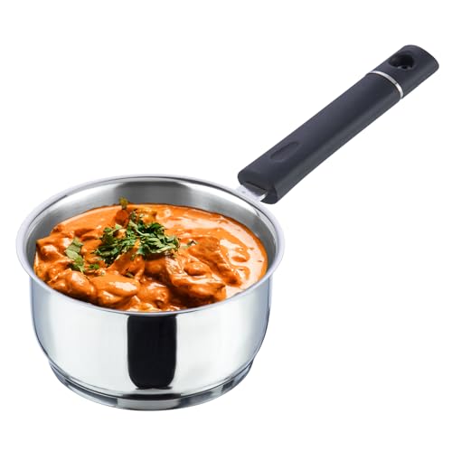 Vinod Tivoli Heavy Guage Stainless Steel Saucepan - 1.5 Litre (16cm) | SAS Bottom | 2 Layer Extra Thick Aluminum Core | Induction and Gas Base | Bakelite Handle - 2 Year Warranty