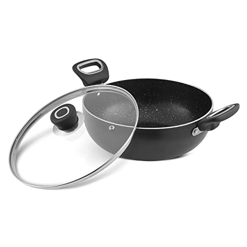 Vinod Zest Marbilo Aluminium Non Stick Deep Kadai with Glass Lid - 3.3 Litre, 26 cm | 5 Layer Coating | Soft Handle | Stain Resistant | Induction Base | 2 Year Warranty