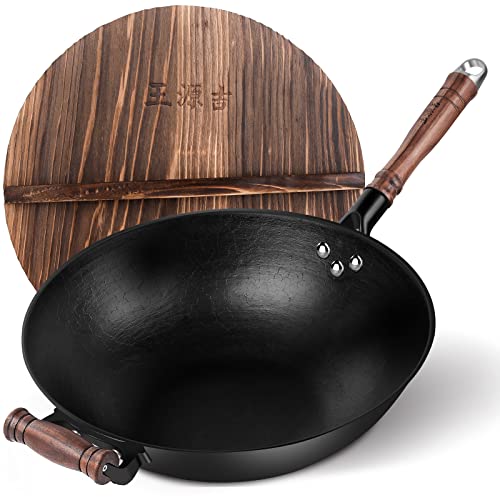 WANG YAUN JI Handmade Ancient Method Cast Iron Wok Chinese Wok with Round Bottom-12.59"