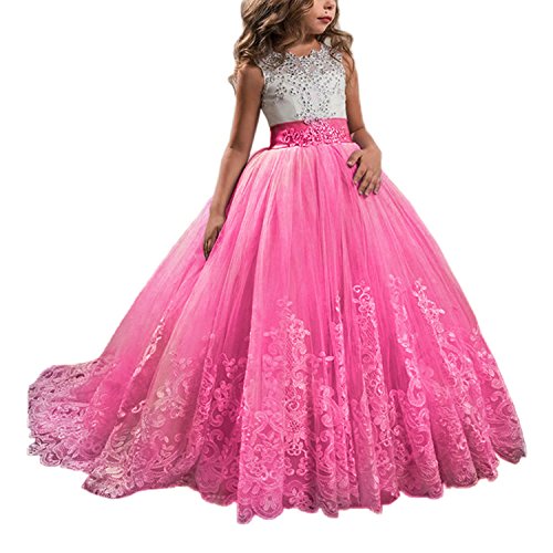 WDE Princess Hot Pink Long Girls Pageant Dresses Kids Prom Puffy Tulle Ball Gown US 8