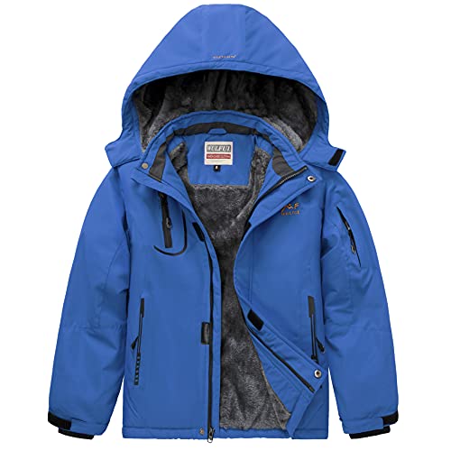 WULFUL Boy's Waterproof Ski Jacket Warm Fleece Hooded Winter Snow Coat, Blue, 14-16 Years