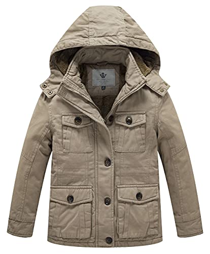 WenVen Boy's & Girl's Winter Warm Sherpa Lined Parka Coat with Removable Hood, Khaki, 10-12