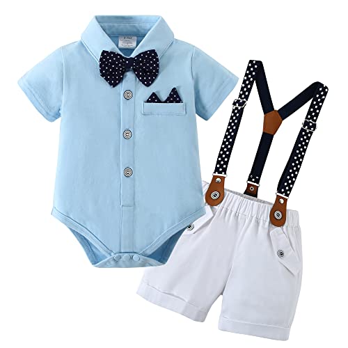 YALLET Baby Boy Clothes Suit Newborn Infant Gentleman Outfits 0-18M, Dress Shirt+Bowtie+Beret Hat+Detachable Suspender Pants, Z Blue, 0-3 Months