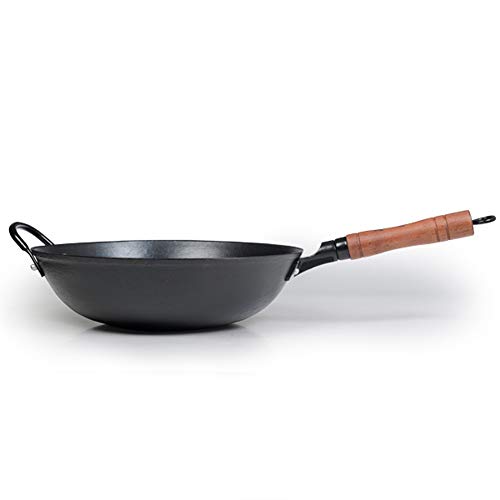 ZhenSanHuan Cast Iron Woks and Stir Fry Pans, No Coating, Induction Suitable, Flat Bottom (36CM/14.1in)