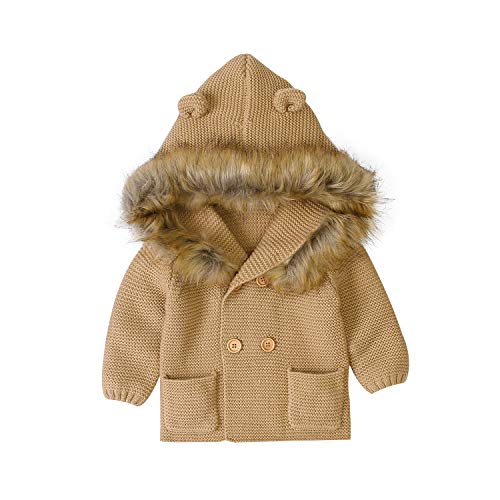 Ziyunlong Boy Girls Sweater Cardigan Knitted Toddler Coat Button Long Sleeve Newborn Jacket Tops Whit Solid Fur Hooded Clothes Brown（6-12M）