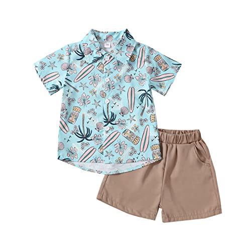 fhutpw Baby Toddler Boy Outfits 2T 3T 4T 5T Clothes Summer Kids Pattern Short Sleeve Button Down Shirt & Shorts Set, Beach Vacation Pattern, 2-3T