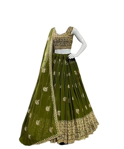 infabzon Lehenga Choli For Women's/Girls Semi-Stitched Georgette With Embrodery Sequance Coding Zari Work, Green Free Size