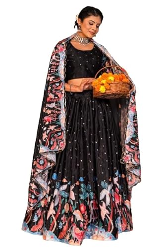 infamiss Lehenga choli For Womens And Girls Chinon Silk Fabric With Mukaish work & Digital Printed Stitch Lehenga with Can Can & Canvas patta Black Color