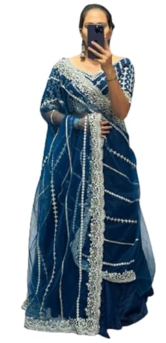 infloura Women's And Girls Blooming Vichitra Fabric Stiched Rama Blue Color Lehenga Saree With Full-stitch Blouse With Dupatta