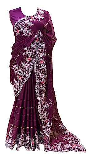 infloura Women's And Girls Heavy Rangoli Silk Saree With Designer Sequence Embroidery Cording And Border Work Purple saree