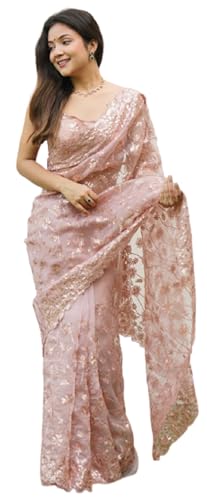 infloura Women's And Girls Khadi Organza Silk Fabric Saree With Beautiful Sequins & Embroidery Thread Zari work Piech color saree