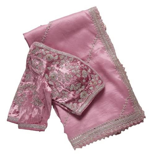 infloura Women's And Girls Organza Silk Fabric Saree With Beautiful Sequence & Zari Multi work pink Color