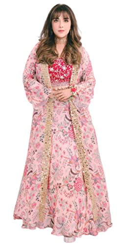 infloura Women's And Girls Soft Pure Glory Silk Shrug Lahenga With Degital Print And Real Mirror Work Pink Lahenga Choli