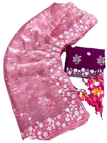 infloura Women's And Girls Soft Zimmy chu Fabric Saree With 5MM Sequence Embroidery C-Pallu Work (Piech)