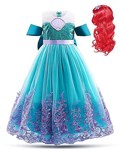 keaiyouhuo 3-13T Mermaid Princess little girls Dress Cosplay Costume Dress Up Birthday Party Dress + Red wig, Green, 3-4years