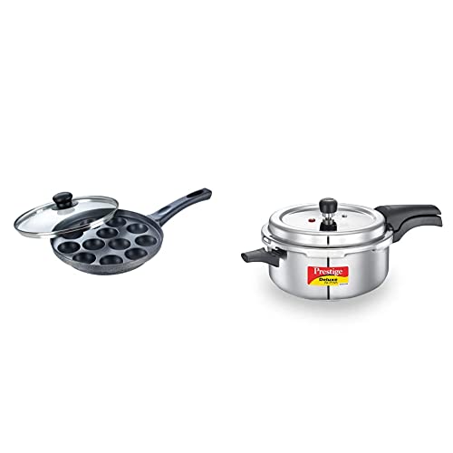 Prestige Omega Select Plus Non-Stick Paniyarakkal with Lid (240 mm, Black)- Gas Top Compatible only + Prestige Svachh, 20255, 5 L, Deep Pressure Pan, with deep lid for Spillage Control