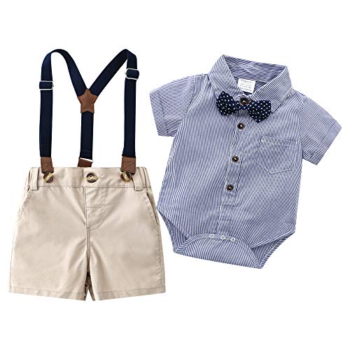 Baby Boys Gentleman Outfits Suits, Infant Short Sleeve Shirt+Bib Pants+Bow Tie Overalls Clothes Set,6-9M Navy Blue