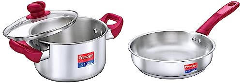 Prestige Platina Popular Gas and Induction Compatible Casserole with Glass Lid, 180 mm, 2 Litre & Prestige Platina Popular Gas and Induction Compatible Fry Pan, 220 mm